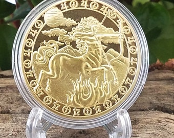 Golden Sagittarius Zodiac Medallion for Astrology 1.57" & Display Stand
