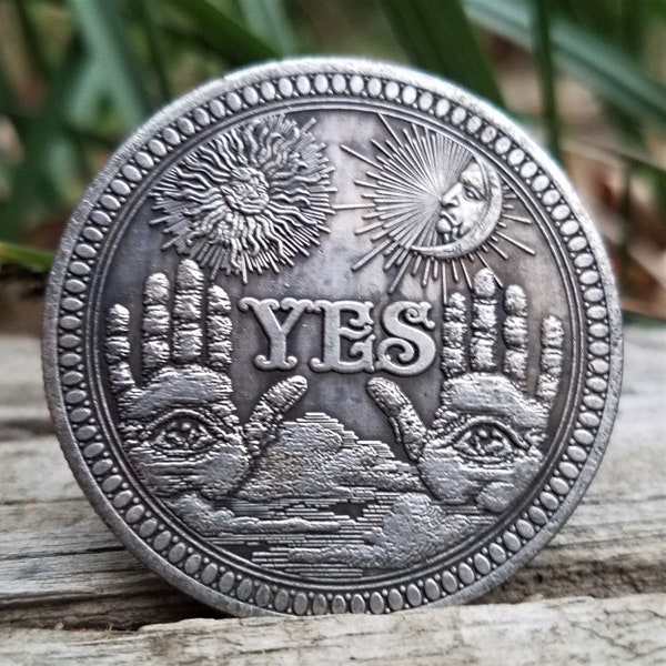 Yes/No Decision Coin OUIJA Oracle Gothic Antique Silver Plated with Display Stand