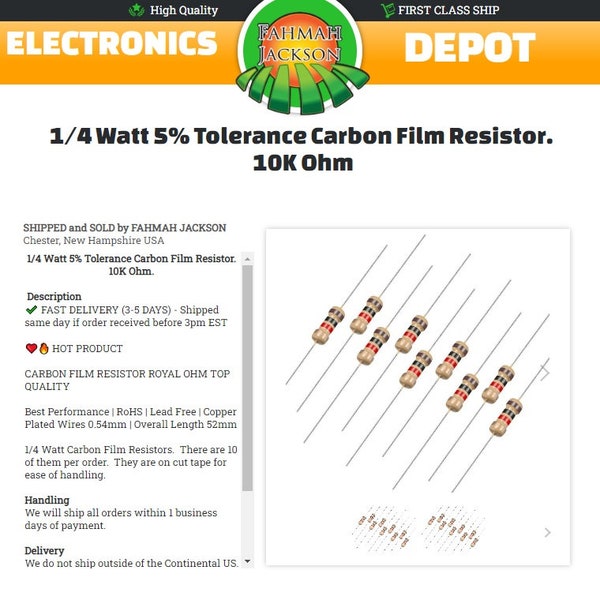 10k Carbon Resistors 1/4 Watt 5% Tolerance (Pack of 10)