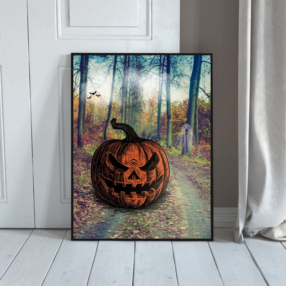 Printable Vintage Halloween Ghost Jack O Lantern Print Gothic Wall Art ...