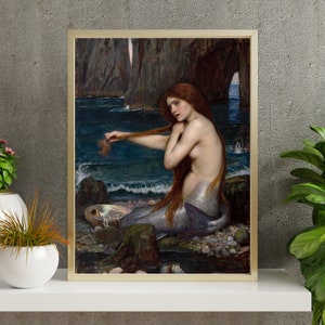 Mermaid Wall Art - Antique Oil Painting  - Dark Academia Decor - Vintage Poster - Wall Art Moody - Whimsigoth - Dark Naturalism - Mermaid