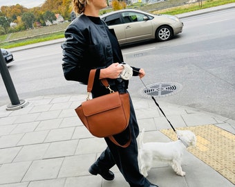 Brown genuineleather handbag with long handle