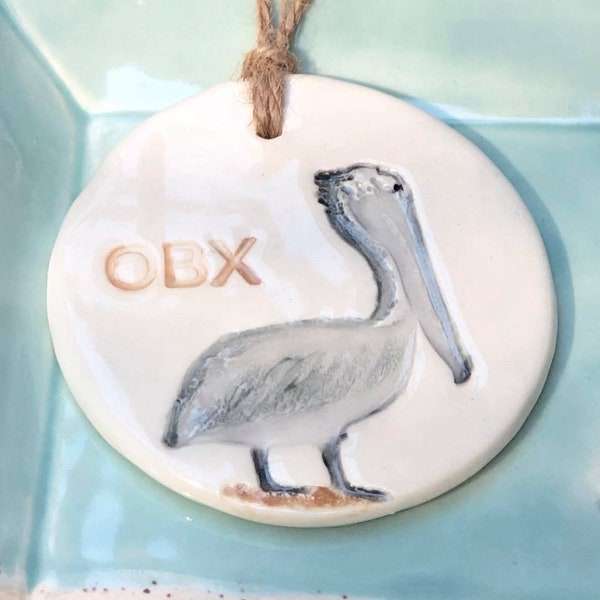 Pelican Ornament, Ceramic OBX Ornament, Hand-painted Ceramic Beach Ornament