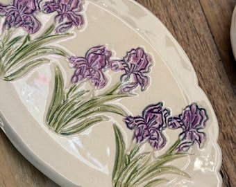 Handmade Iris Pottery Tray: Spring Flower Dish (11”x5”)