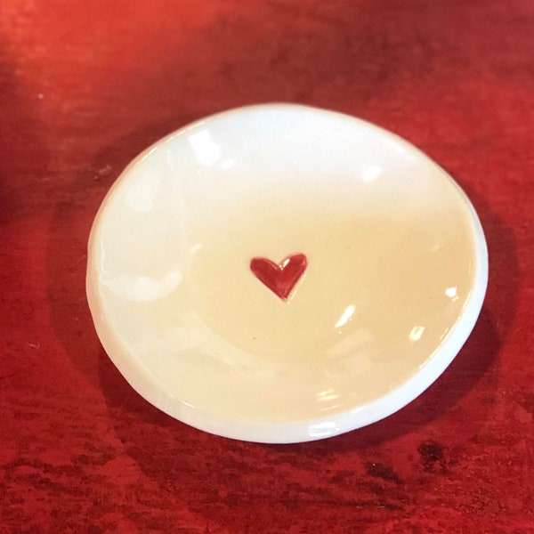 Red Heart Ring Dish, Ceramic Trinket Dish