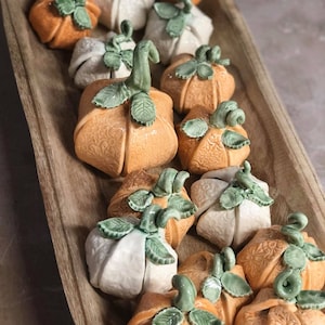 May include: A wooden tray filled with ceramic pumpkins in shades of orange and cream. Each pumpkin has a green stem and leaves. The pumpkins have a textured surface and are arranged in rows, creating a fall-themed display.