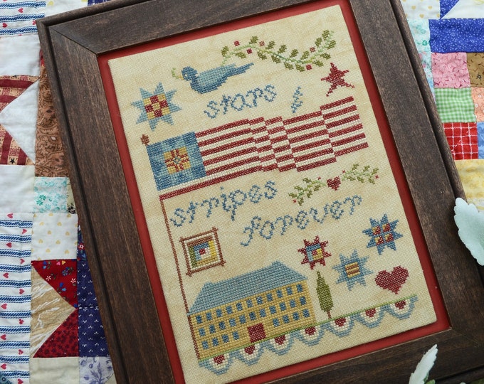 Annie Beez Folk Art Stars And Stripes Forever Cross Stitch Pattern New Art Collectibles Fiber Arts Shantived Com
