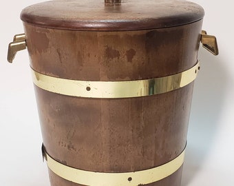Wooden Ice Bucket/Mid Century 1960s Walnut Wood with Gold Trim Handles/Bar Decor/Vintage Ice Bucket/Mid Century Housewarming Gift/Wedding