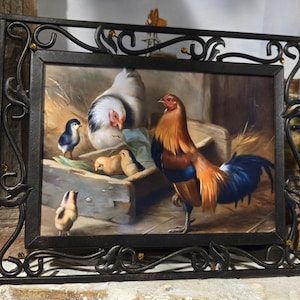 Vintage Ornate Metal 5x7 Frame with New Rooster and Hen Print/Vintage 2000 Fetco Photo Frame/Modern Farmhouse/Wall Gallery Decor