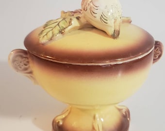 Vintage Lipper & Mann Ornate Bird Compote Jar Shabby Chic Pedestal Porcelain Dish with Figural Bird on Raised Leaf and Berry Branch Gilt