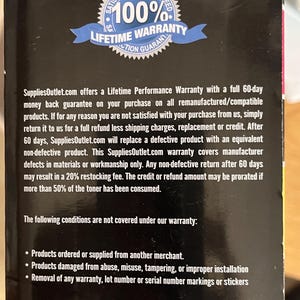May include: Black product packaging with the SuppliesOutlet.com logo and contact information. Features a 100% Lifetime Warranty seal. Text includes warranty details and conditions. Made in China.