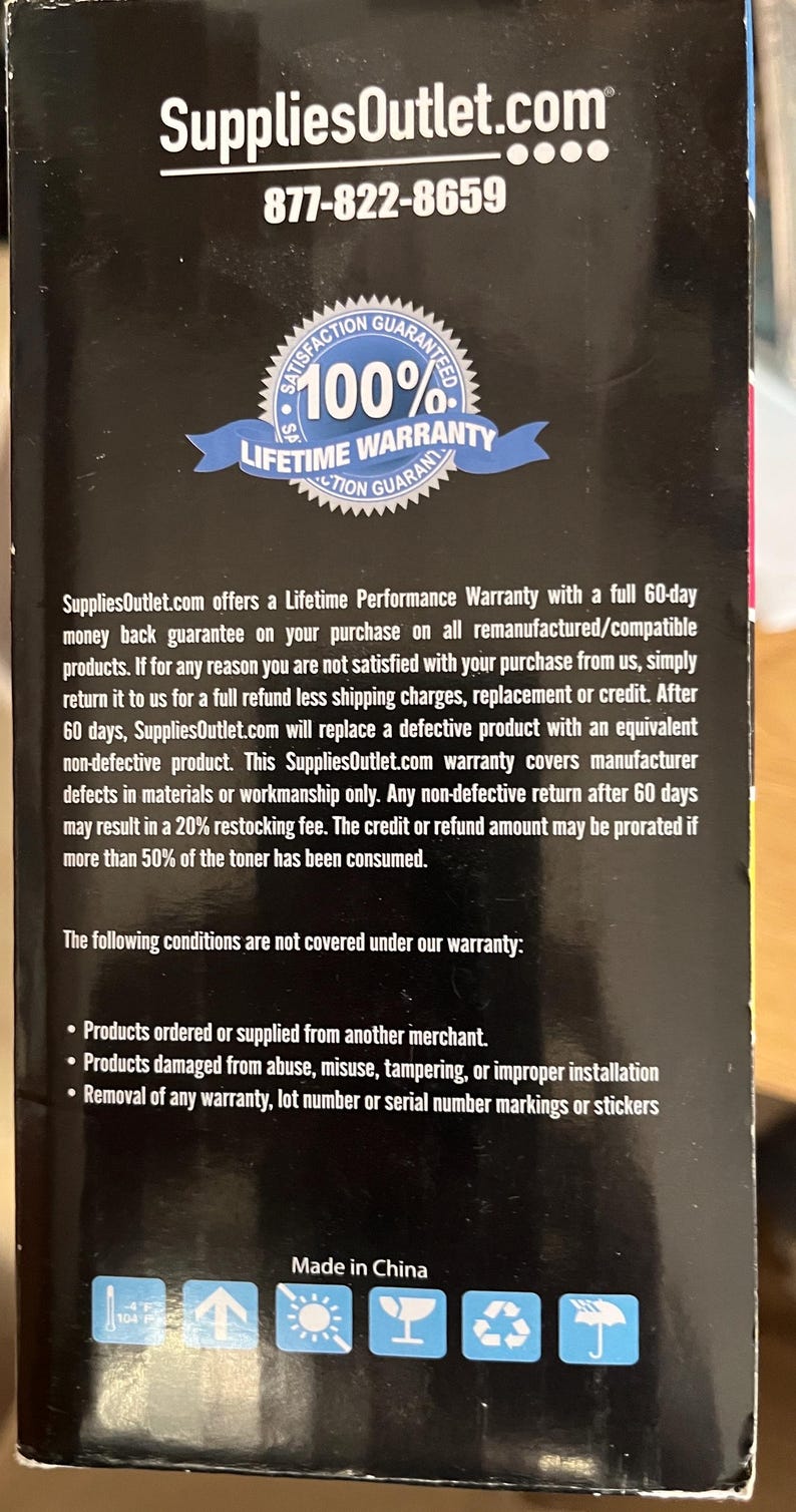 May include: Black product packaging with the SuppliesOutlet.com logo and contact information. Features a 100% Lifetime Warranty seal. Text includes warranty details and conditions. Made in China.