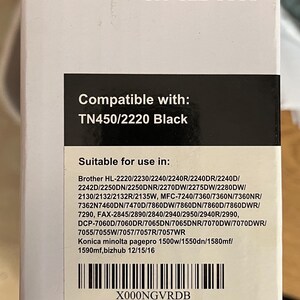 May include: A white box with the SuppliesOutlet.com logo and phone number. The box is labeled "Compatible with: TN450/2220 Black" and lists compatible printer models. The product is not manufactured by any OEM manufacturer.