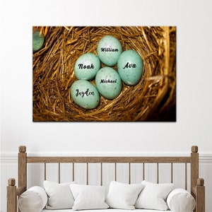 Personalized Gift For Mom | Kids Name Sign Gift For Mom | Custom Canvas Bird Nest With Eggs Print | Bird Nest Family Name Sign