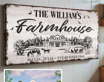 May include: A white farmhouse sign with black text that reads "The William's Farmhouse, Dallas, Texas - Established 1968". The sign features a black and white illustration of a farmhouse with trees, horses, and chickens.