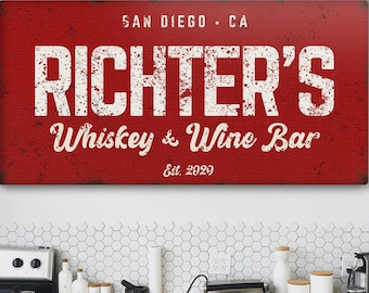 Wine Artwork | Family Whiskey And Wine Bar Sign | Custom Wine Bar Sign Large Wall Art | Personalized Whiskey Bar Sign Canvas Print Gift