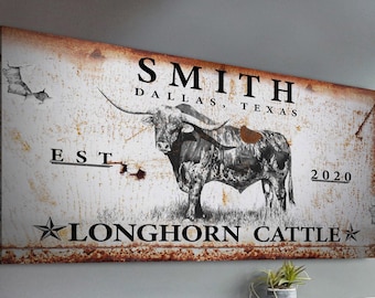 Long Horn Wall Art | Longhorn Canvas Cattle Ranch Sign | Longhorn Cow Western Decor | Vintage Cattle Signs | Personalized Farm Wall Decor