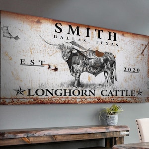 Long Horn Wall Art | Longhorn Canvas Cattle Ranch Sign | Longhorn Cow Western Decor | Vintage Cattle Signs | Personalized Farm Wall Decor