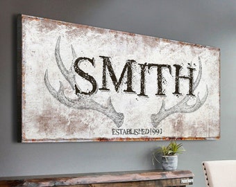 Deer Sign | Antler Wall Decor | Personalized Hunting Gifts For Men | Last Name Sign Custom Canvas | Deer Hunting Wall Art | Established Sign