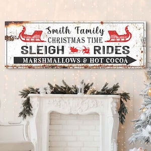 Sleigh Rides Sign | Family Gift Holiday Decor | Family Name Christmas Art | Personalized Christmas Wall Decor | Christmas Canvas Art