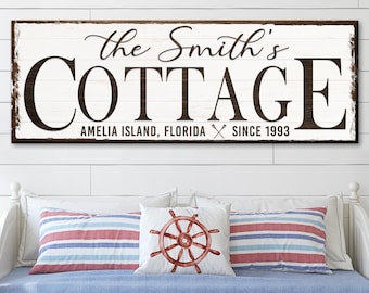 Custom Cottage Sign Decor | Beach House Sign Canvas | Coastal Wall Art | Housewarming Gift Art | Family Name Sign Decor | Beach Cottage Sign