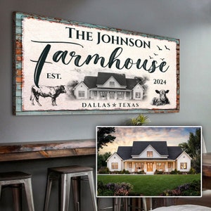 May include: A rectangular farmhouse sign with the text "The Johnson Farmhouse" and "Est. 2024 Dallas Texas". The sign features a black and white image of a farmhouse, a cow, and a calf. The sign has a distressed, rustic look.