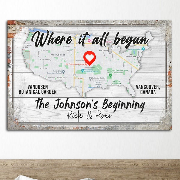Custom Map | Where It All Began Bedroom Wall Decor | Wedding Map Anniversary Gift for Couple | Where We Met Bedroom Sign | Bedroom Wall Art