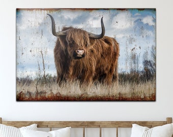 Highland Cow Canvas | Cow Decor Animal Portrait Art | Cattle Ranch Wall Decor | Ranch Sign Cow Wall Art | Farm Sign | Farm Wall Decor