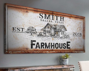 May include: Rustic farmhouse sign with a distressed metal background. The sign features a black and white sketch of a house with the text "Smith, Dallas, Texas, Est. 2018, Farmhouse".