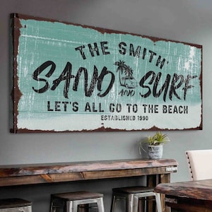 Sand And Surf Sign | Custom Name Sign | Family Wall Art | Beach House Wall Decor | Personalized Canvas Gift For Family | Established Sign