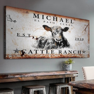 Rustic Cattle Ranch Sign Established Personalized Farmhouse Wall Art Decor Canvas Custom Made Cattle Company