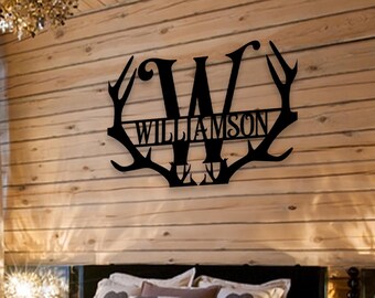 Personalized Metal Monogram Sign | Hunting Monogram Wall Decor | Monogram Antler Metal Sign | Deer Hunter Gift |  Weatherproof Metal Sign