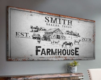 Farmhouse Sign | Custom Family Name Sign | Vintage Wall Art Rustic Canvas | Farmhouse Wall Decor | Ranch Farm Sign | Established Sign