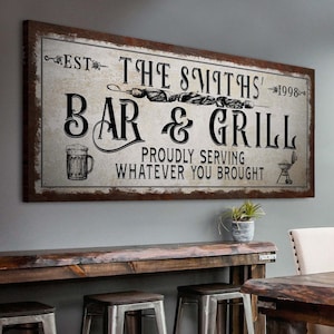 Bar And Grill Sign | Backyard Bar And Grill Sign | Custom Bar Sign | Bbq Canvas | Backyard Wall Decor | Kitchen Wall Art | Custom Name Sign