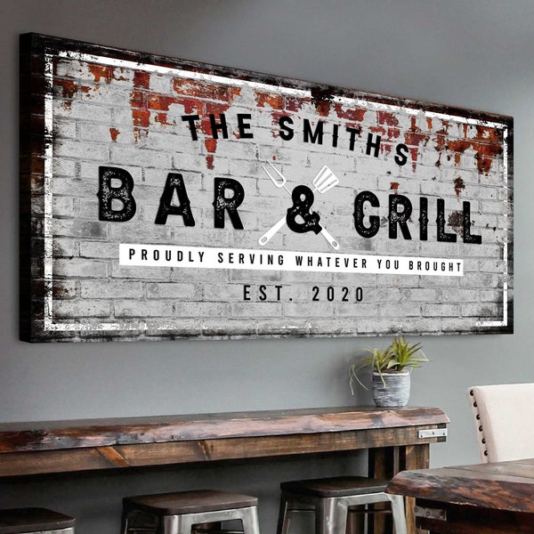 Basement Bar Sign | Rustic Bar And Grill Sign Wall Décor | Personalized Bar Canvas Wall Art | Vintage Style Home Bar Sign Pub Bar Sign