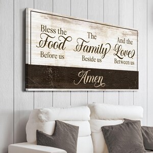 Dining Room Decor | Farmhouse Kitchen Sign | Bless The Food Before Us Canvas Wall Art | Kitchen Room Decor | Bless The Food Prayer Canvas