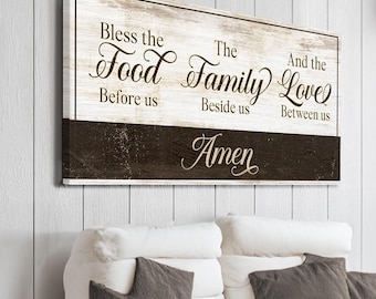 Dining Room Decor | Farmhouse Kitchen Sign | Bless The Food Before Us Canvas Wall Art | Kitchen Room Decor | Bless The Food Prayer Canvas