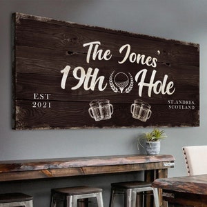 19th Hole Sign | Wooden Style Golf Gift For Men | Customized 19th Hole Bar Sign | Beer Mug Family Bar Sign | Custom Golf Wall Decor Canvas