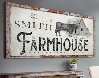 Farmhouse Sign | Farm Sign | Cattle Ranch Canvas | Farm Wall Decor | Last Name Sign | Established Sign | Personalized Gift Home Wall Art