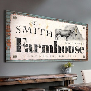 Farmhouse Sign | Homestead Sign | Family Name Sign Custom Canvas | Farm Wall Art | Cattle Canvas | Farmhouse Wall Decor | Rustic Decor