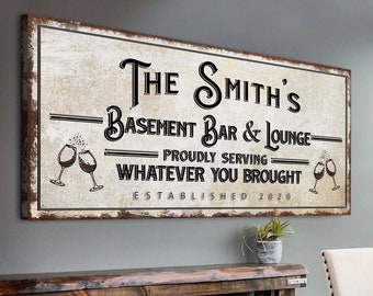 Basement Bar And Lounge Sign Rustic Basement Bar Wall Décor Personalized Family Name Bar Established Bar Sign Home Canvas Bar Wall Decor