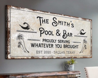 Pool Bar Sign | Last Name Bar Sign Canvas | Family Established Sign Outdoor Bar Wall Decor | Rustic Pool Decor Custom Home Bar Sign