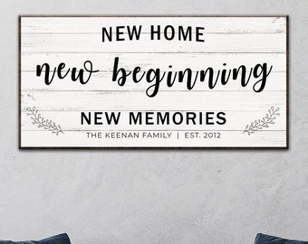 Home Name Sign | New Home New Beginning New Memories Sign | Housewarming Gift Home Personalized Sign | Wooden Signs Name For New House