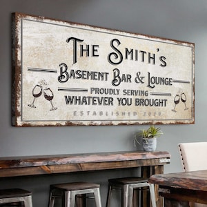 Basement Bar And Lounge Sign Rustic Basement Bar Wall Décor Personalized Family Name Bar Established Bar Sign Home Canvas Bar Wall Decor