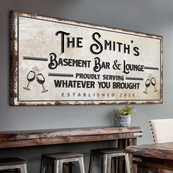Basement Bar And Lounge Sign Rustic Basement Bar Wall Décor Personalized Family Name Bar Established Bar Sign Home Canvas Bar Wall Decor