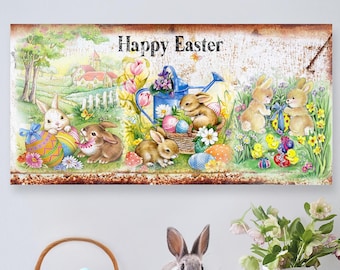 Happy Easter Vintage Sign, Rustic Easter Bunny Wall Art, Easter Egg Decor, Farmhouse Spring Wall Decor, Happy Easter Gift Sign, Sping Decor