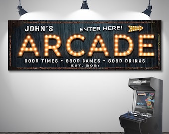 Arcade Sign | Game Room Wall Art | Custom Name Sign Canvas Print | Established Sign | Personalized Gift For Gamers | Man Cave Wall Decor