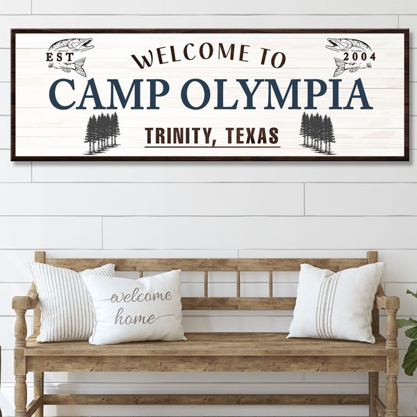 Camp Sign, Personalized Welcome Sign Décor, Mancave Gift Wall Art, Pine Tress Wall Décor, Fishing Gift Décor For Men, Established Date Sign