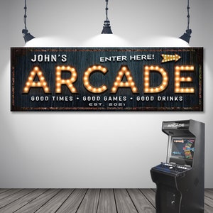 Arcade Sign | Game Room Wall Art | Custom Name Sign Canvas Print | Established Sign | Personalized Gift For Gamers | Man Cave Wall Decor