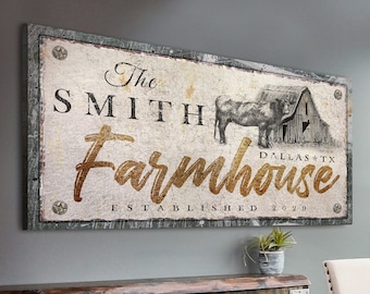 Farmhouse Sign | Farmhouse Wall Decor | Homestead Sign | Custom Family Name Sign | Rustic Canvas Cattle Wall Art | Vintage Farm Decor